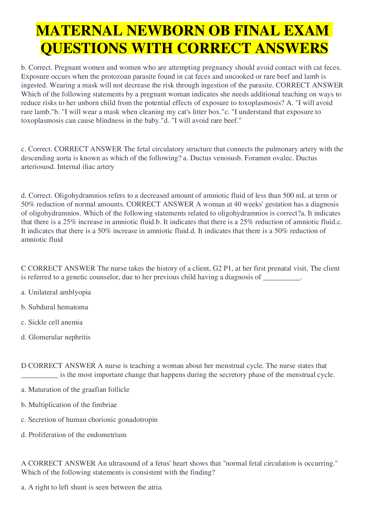 Preview image for MATERNAL NEWBORN OB FINAL EXAM QUESTIONS WITH CORRECT ANSWERS